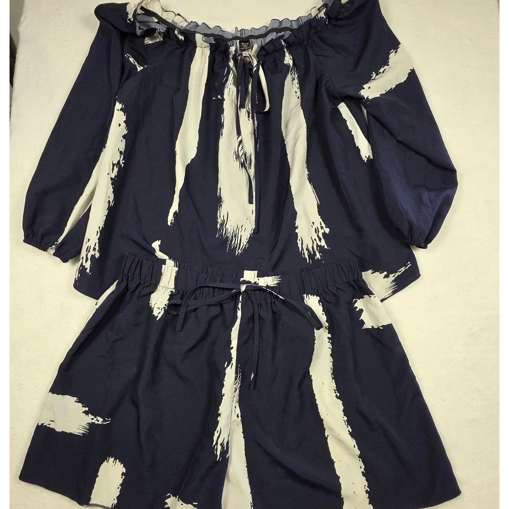 Shein Curve 1XL Navy Blue White Brushstroke Off‎ Shoulder Top and Shorts Set